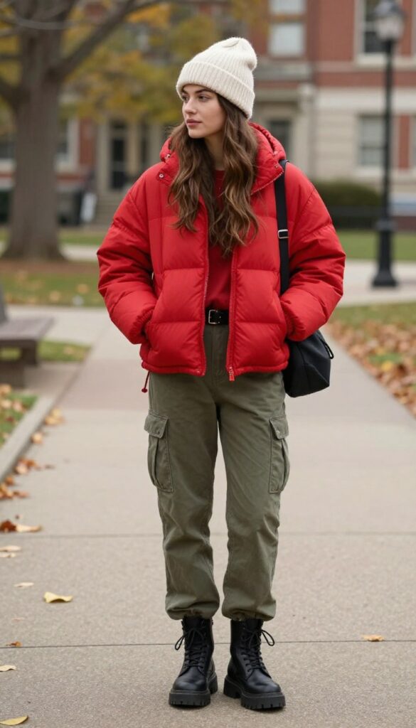 8. Puffer Jacket with Cargo Pants and Chunky Boots