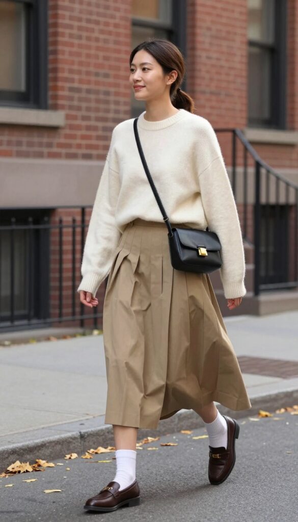 6. Crewneck Sweater + Pleated Midi Skirt + Loafers