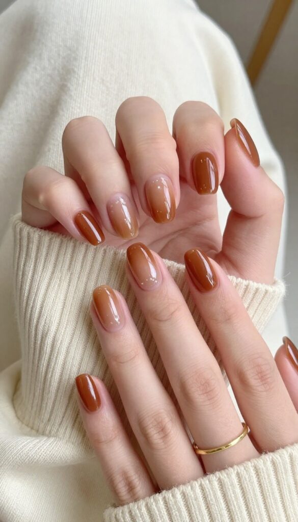 Warm brown glazed donut nails with glossy chrome finish on almond-shaped nails