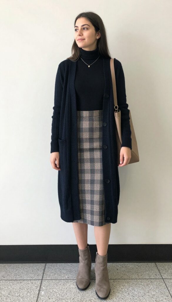 4. Cardigan With Midi Skirt and Ankle Boots