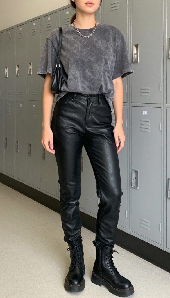 3. Graphic Tee + Leather Pants + Combat Boots
