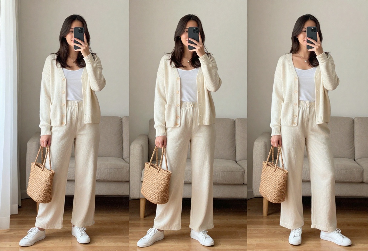 Woman in cream knit set with white sneakers and woven tote, soft modern mom outfit