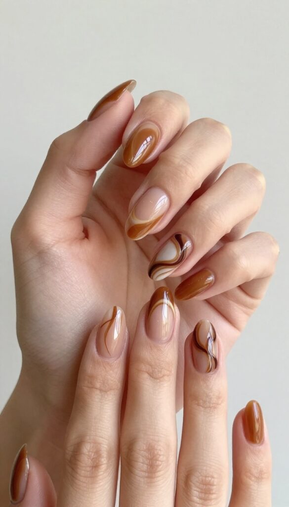 Caramel swirl nails with warm golden-brown base and delicate swirls in deeper brown and white, high-shine finish