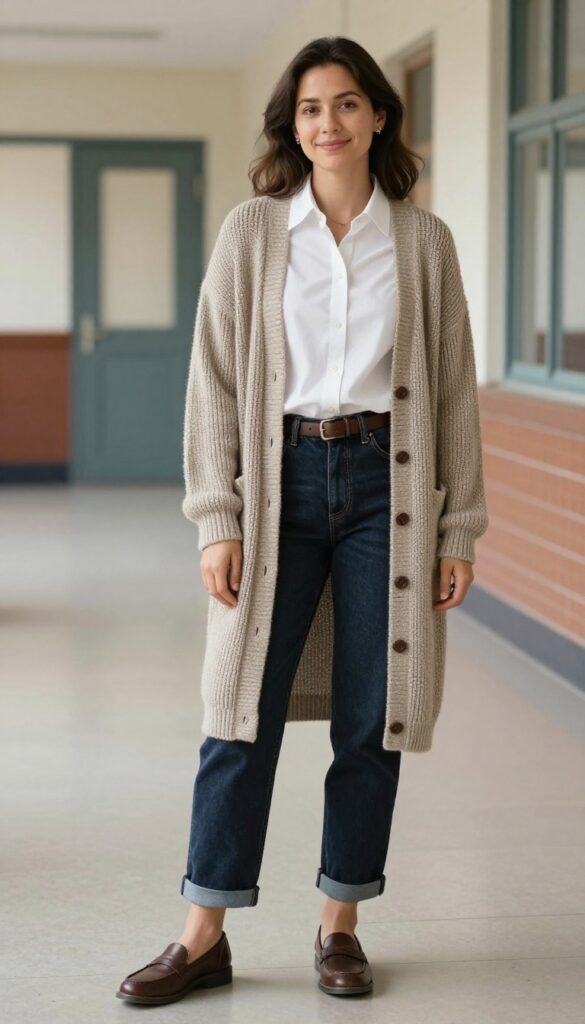 11. White Button-Down + Cardigan + Straight-Leg Jeans