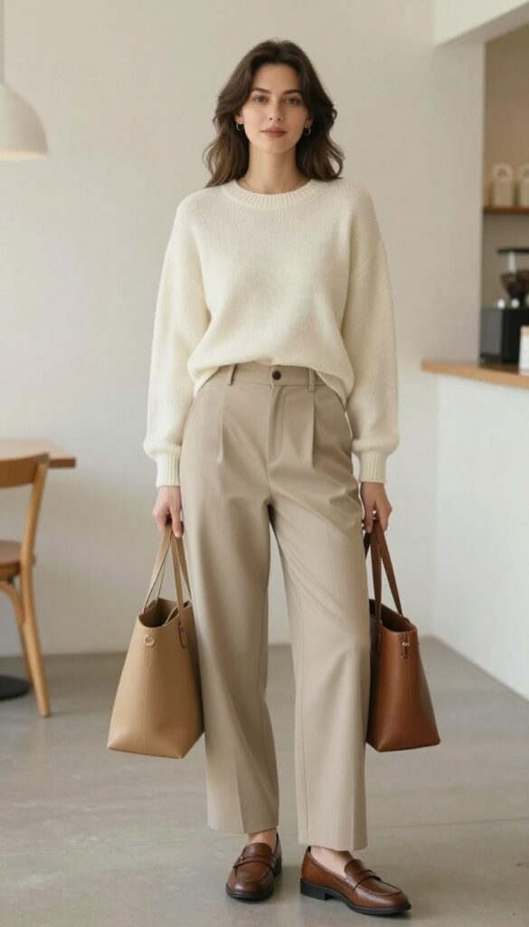 1. Cream Knit Sweater + Wide-Leg Trousers + Loafers