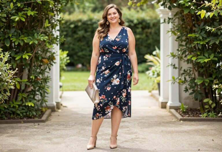 Plus size woman in floral wrap dress with gold accessories at garden wedding