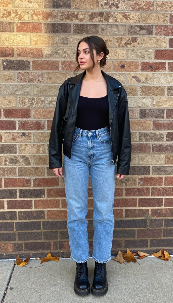 12. High-Waisted Jeans with a Bodysuit and a Leather Jacket