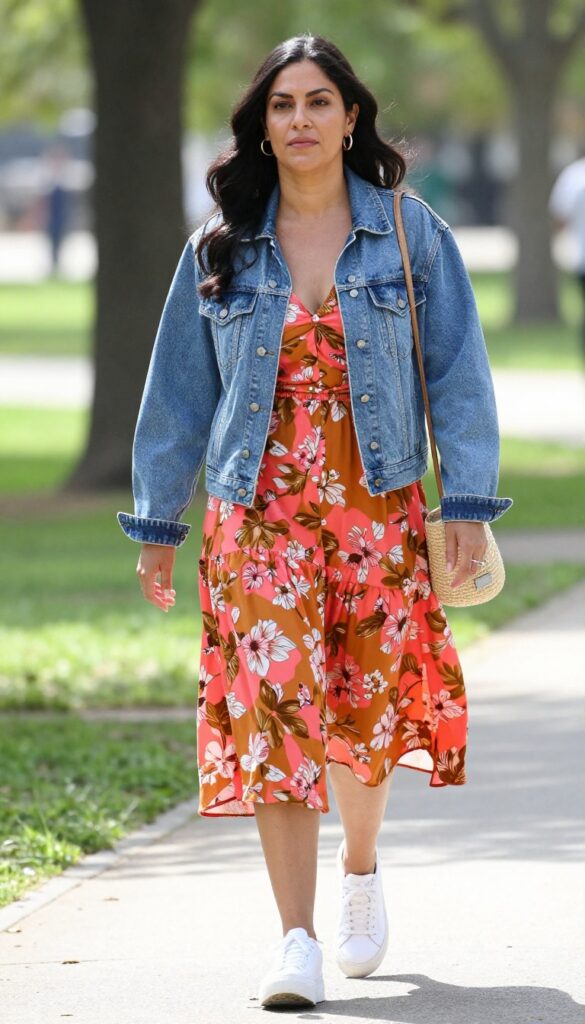 2. Floral Midi Dress with Denim Jacket