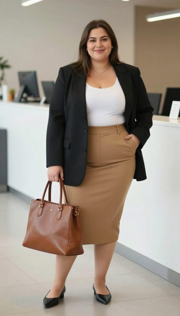4. Oversized Blazer + Bodysuit + High-Waisted Skirt