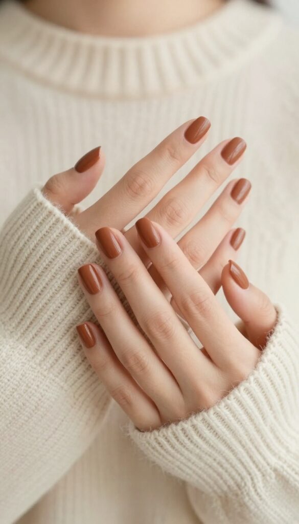 Short nails painted with classic cinnamon spice brown polish, matte finish, paired with a cozy sweater
