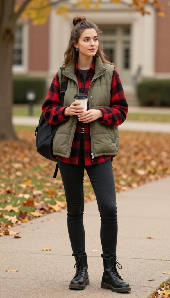 13. Quilted Vest over a Flannel Shirt with Black Jeans