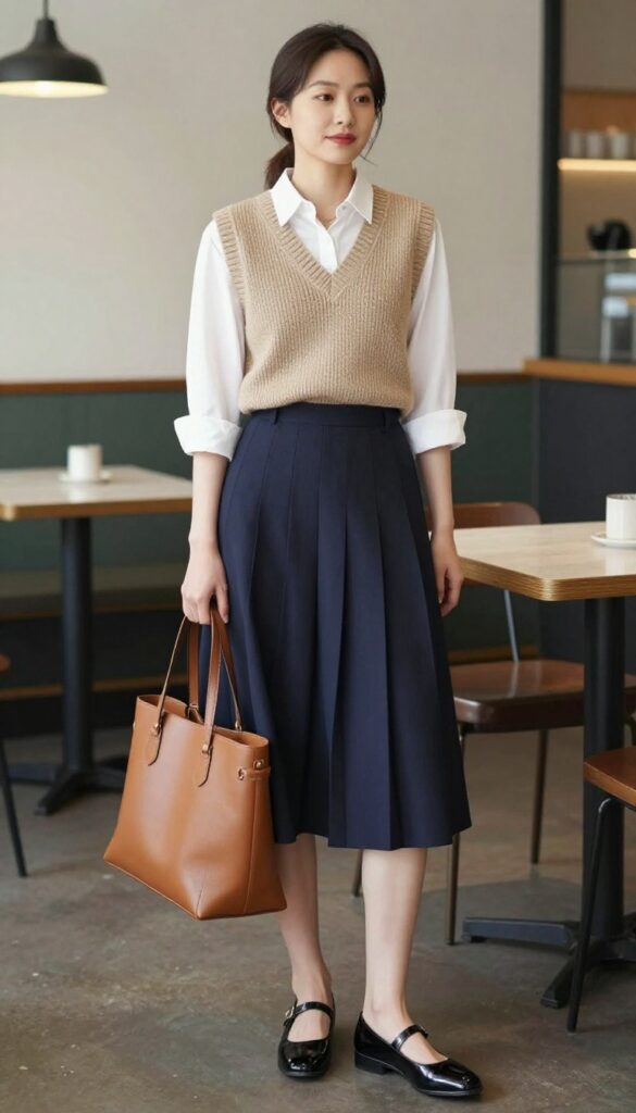 11. Knit Vest + Button-Down + Pleated Skirt