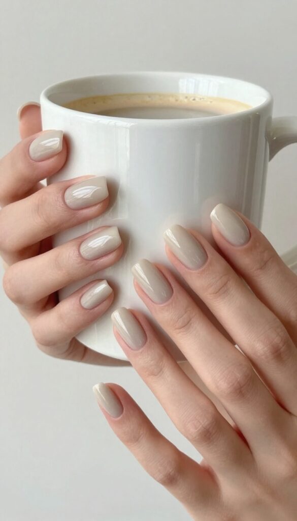 Iced almond latte nails with sheer milky beige polish and glossy finish, short almond shape, holding a coffee mug