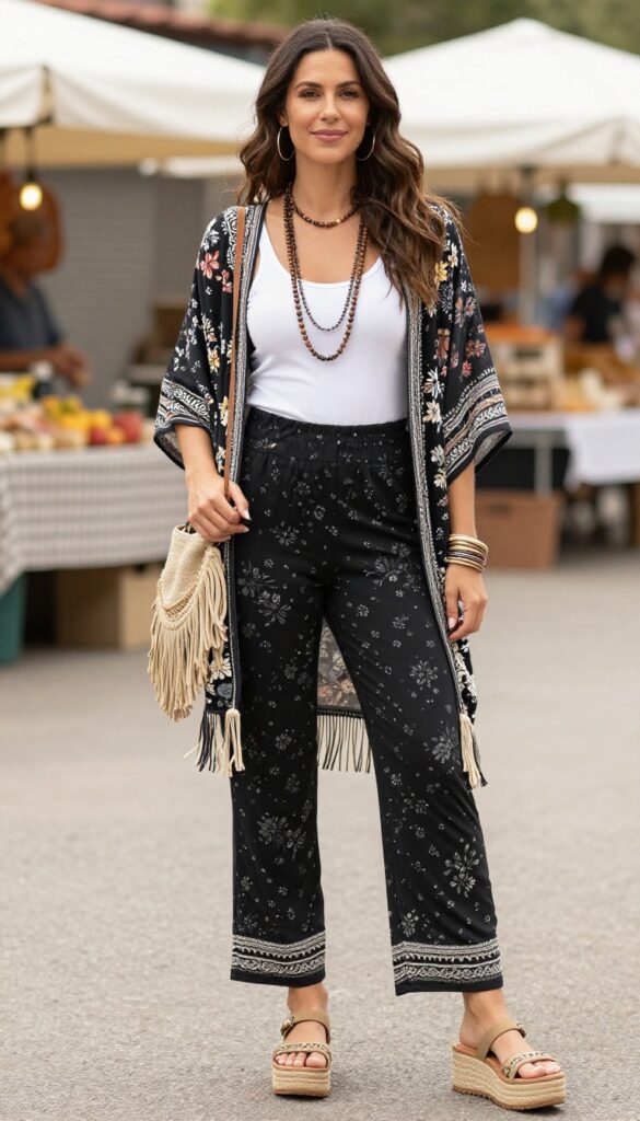 9. Boho Vibes: Kimono and Flatform Sandals