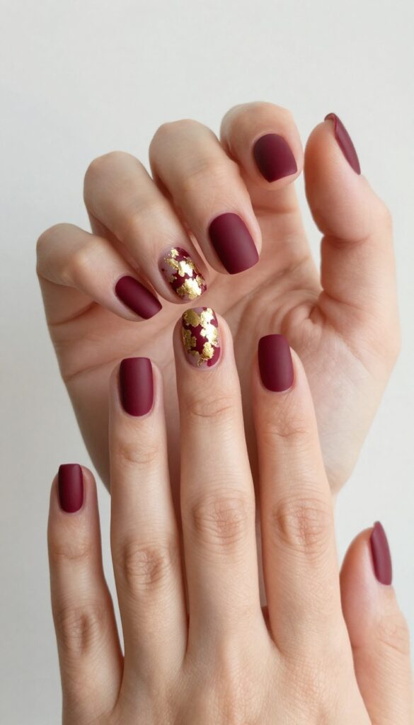 Matte burgundy short nails with gold foil accents