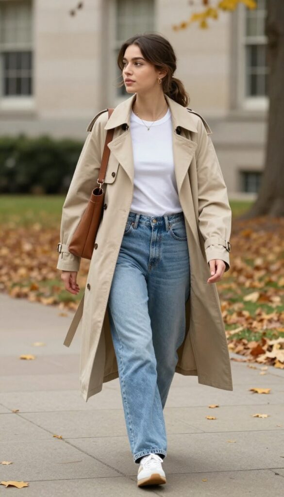 15. Trench Coat and Wide-Leg Jeans