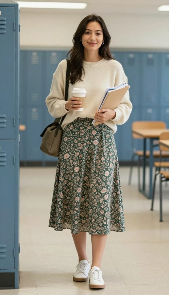 7. Cream Sweater + Midi Skirt + Sneakers