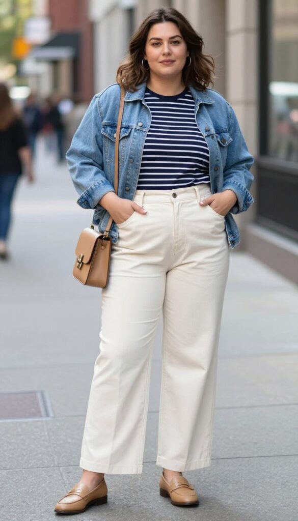 3. Denim Jacket + Striped Top + Wide-Leg Trousers