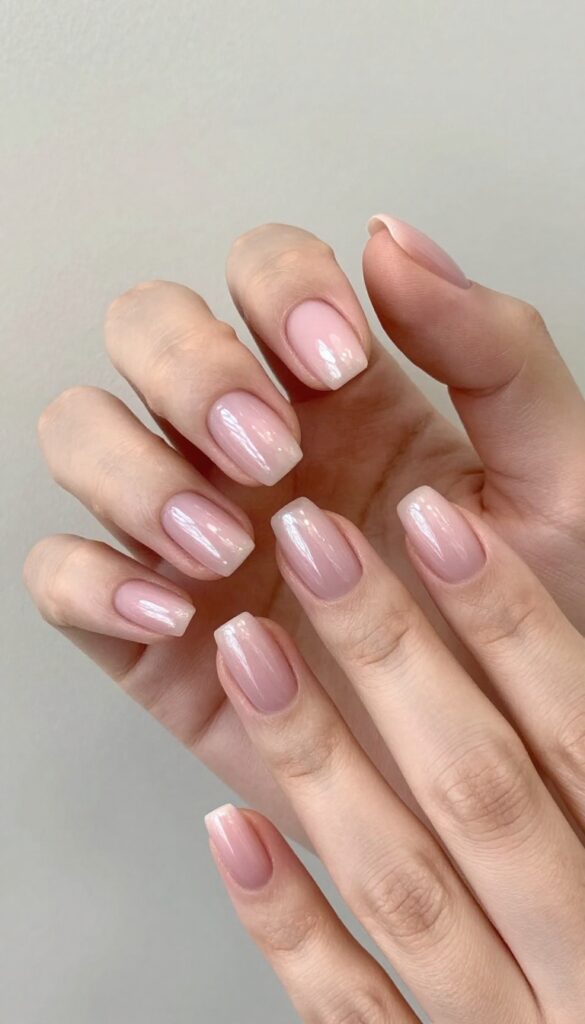 Pearlescent pink almond nails with glossy finish