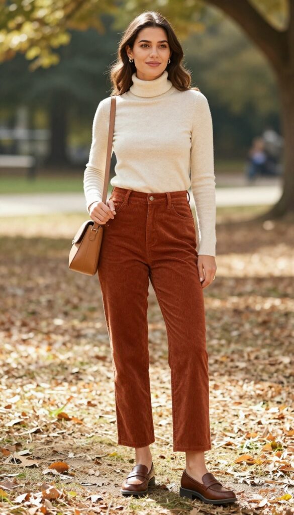 13. Corduroy Pants with a Turtleneck and Loafers