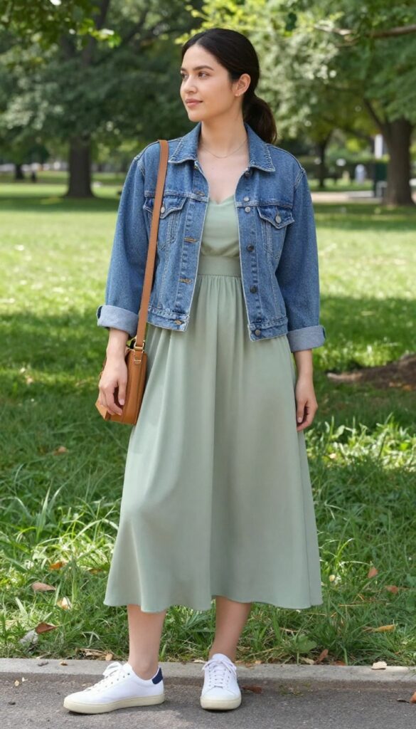 5. Empire Waist Midi Dress with a Denim Jacket