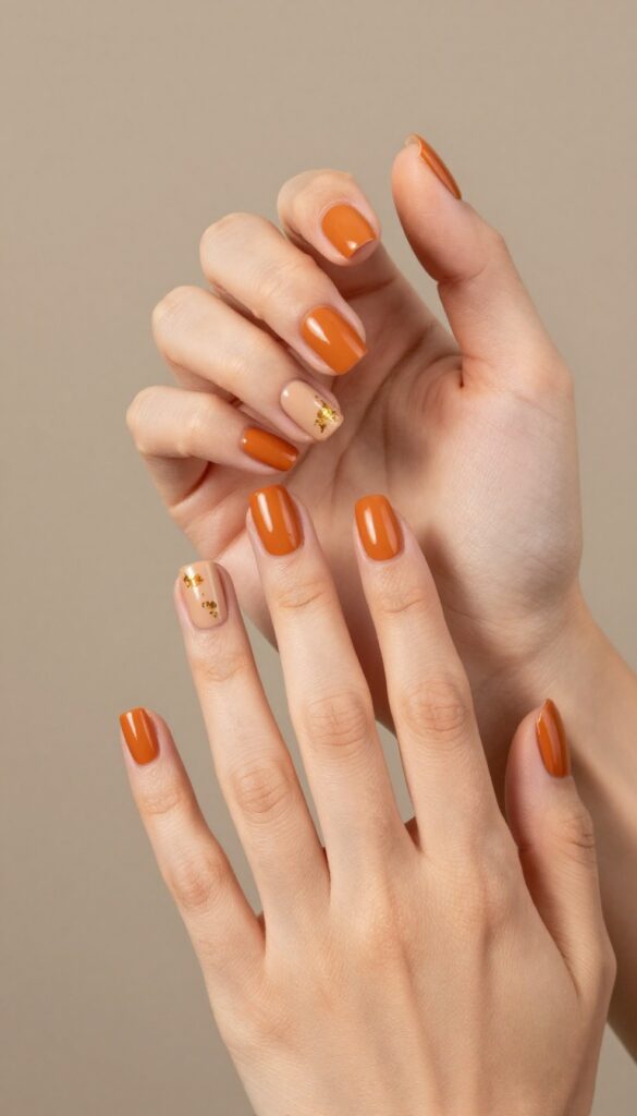 Short matte burnt orange nails with gold foil accent nail