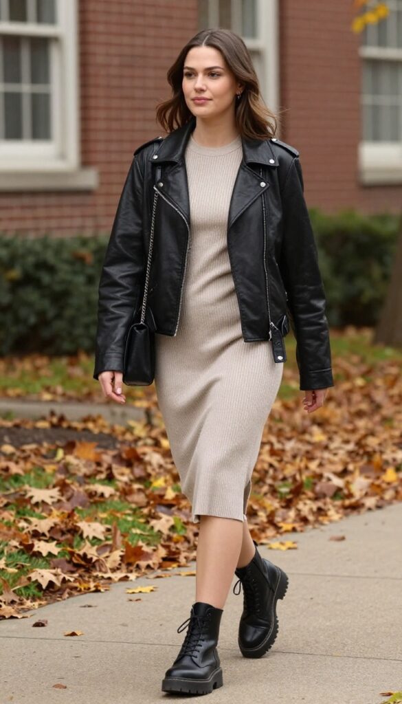7. Leather Moto Jacket and Knit Dress