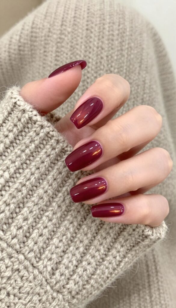 Plum wine chrome nails with glossy metallic finish on almond-shaped nails