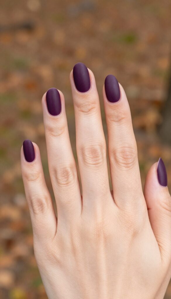 Smoky plum matte nails on medium almond shape, dark purple velvet finish, fall manicure