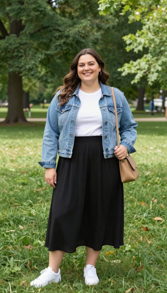 4. Midi Skirt + Tucked Tee + Denim Jacket
