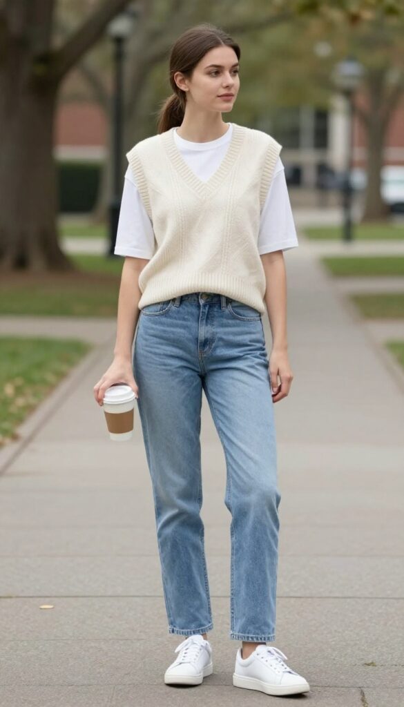 5. Cashmere Sweater Vest with White Tee and Straight-Leg Jeans
