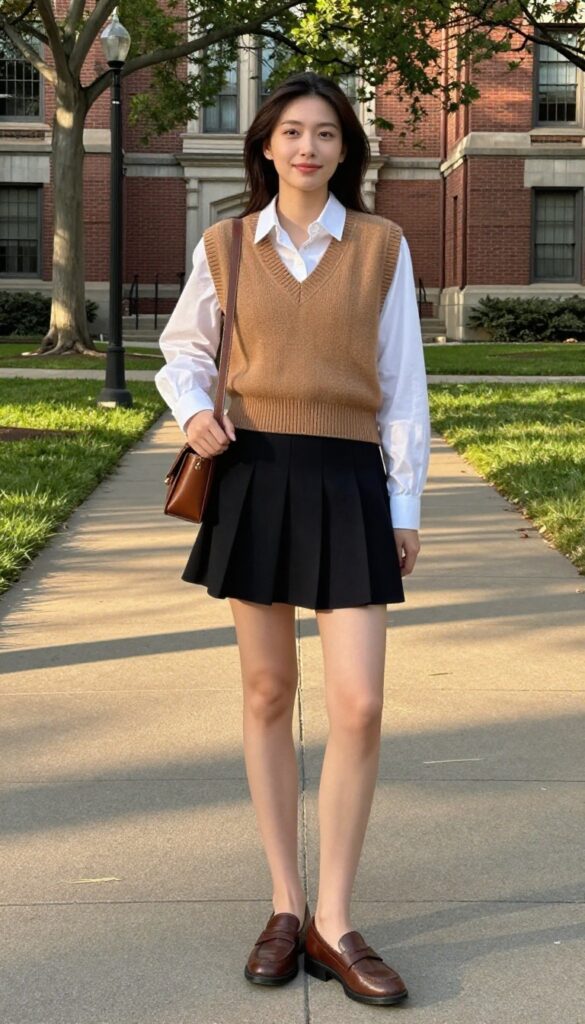 2. Knit Vest Over a Button-Down with Pleated Skirt