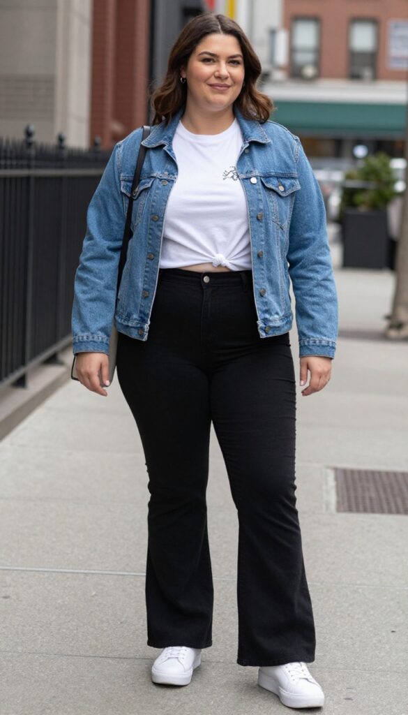 5. Graphic Tee + Denim Jacket + Flare Pants + White Sneakers