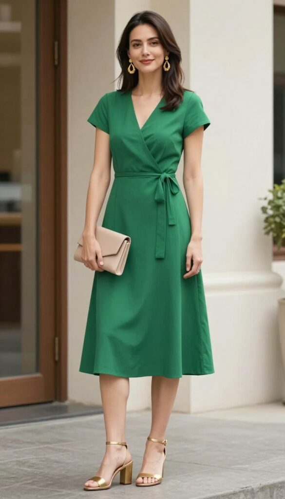 3. The Recital-Ready Mom: Wrap Dress + Block Heel Sandals + Statement Earrings