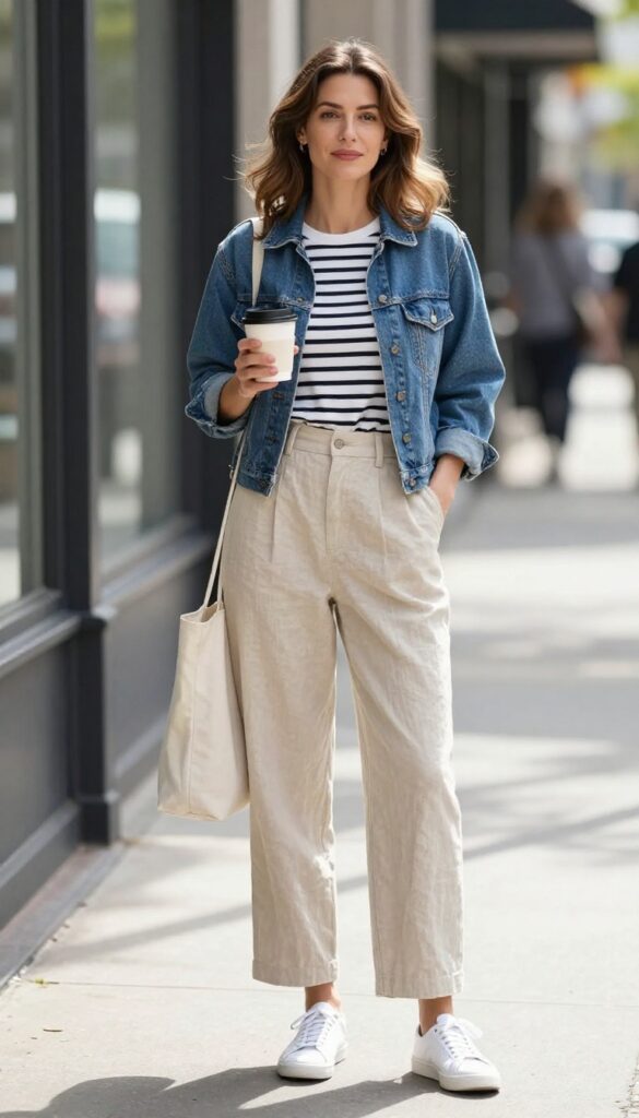 3. Denim Jacket with a Striped Tee and Wide-Leg Trousers