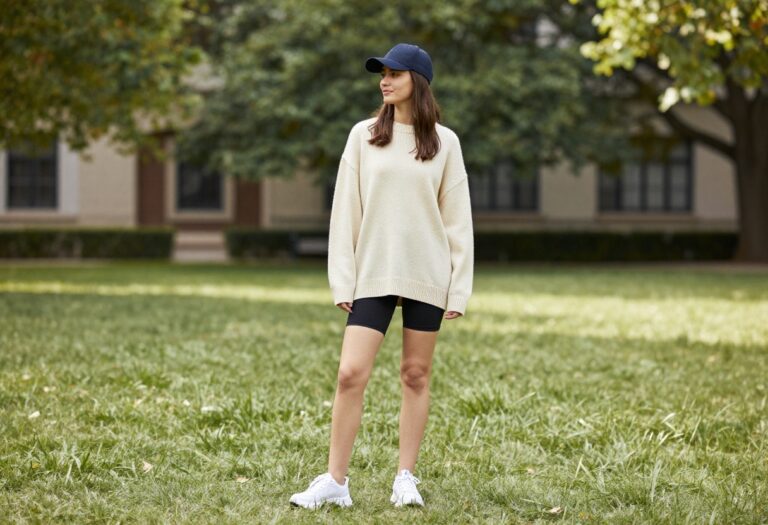 Young woman in oversized sweater and biker shorts on campus lawn