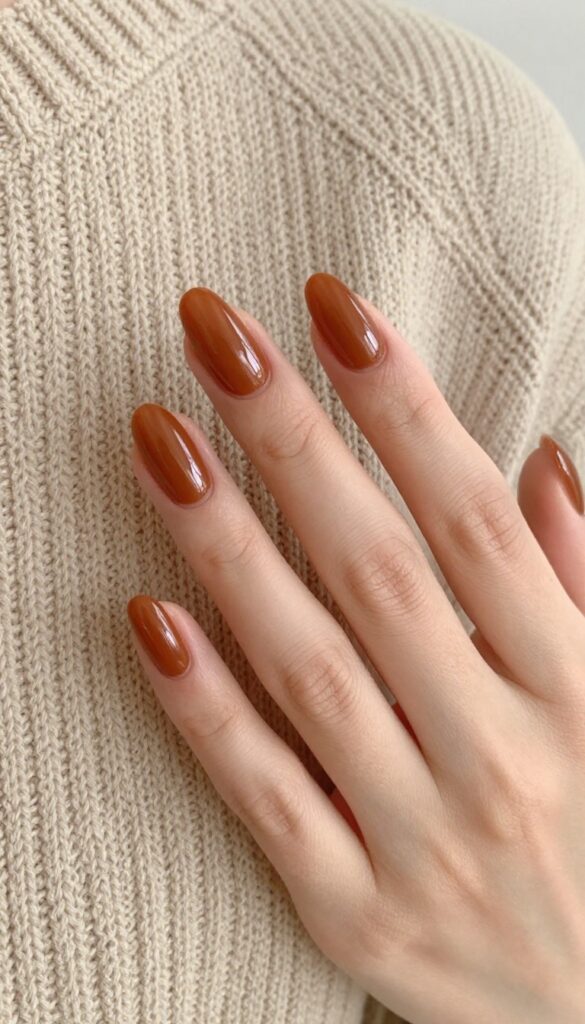 Maple glazed almond nails with caramel-brown glossy polish