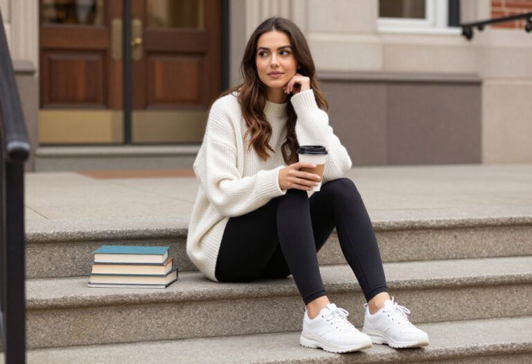 Woman in cozy sweater and leggings sitting on library steps with books and coffee