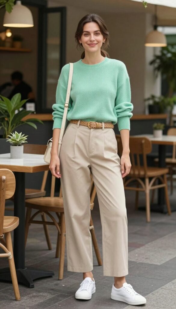 12. Mint Green Knit with Beige Trousers
