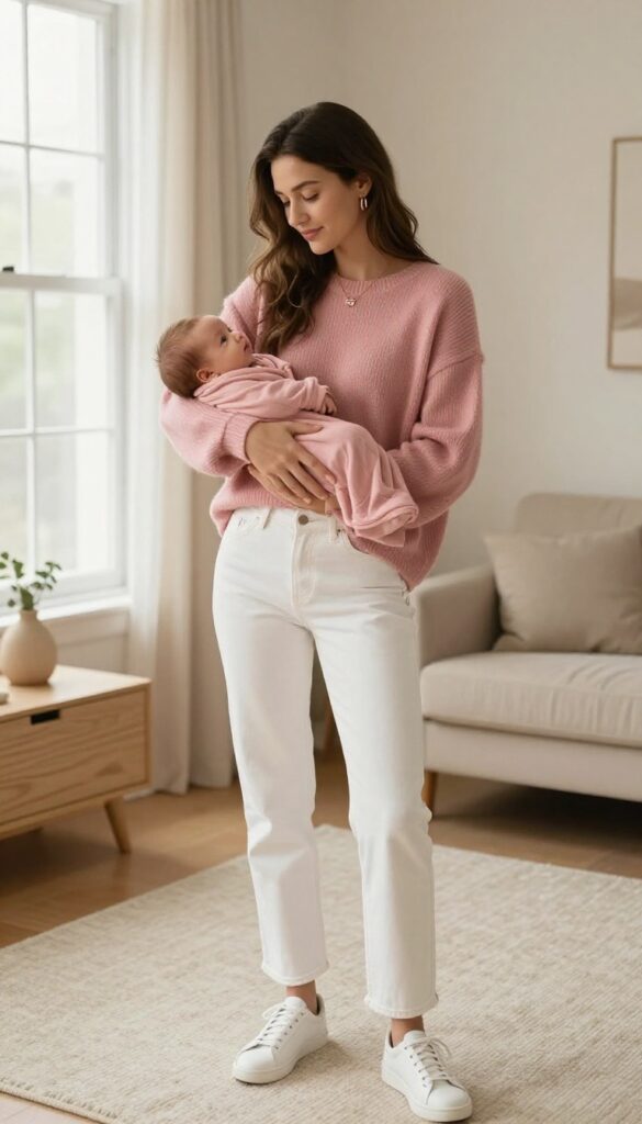 10. Dusty Rose Sweater and White Jeans