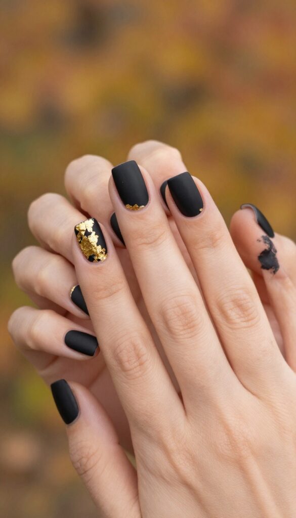 Matte black nails with gold foil accents on short acrylic nails