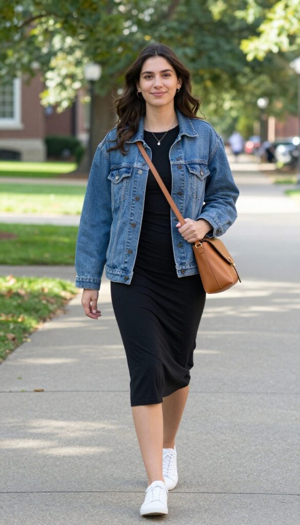 8. Denim Jacket + Slip Dress + Sneakers
