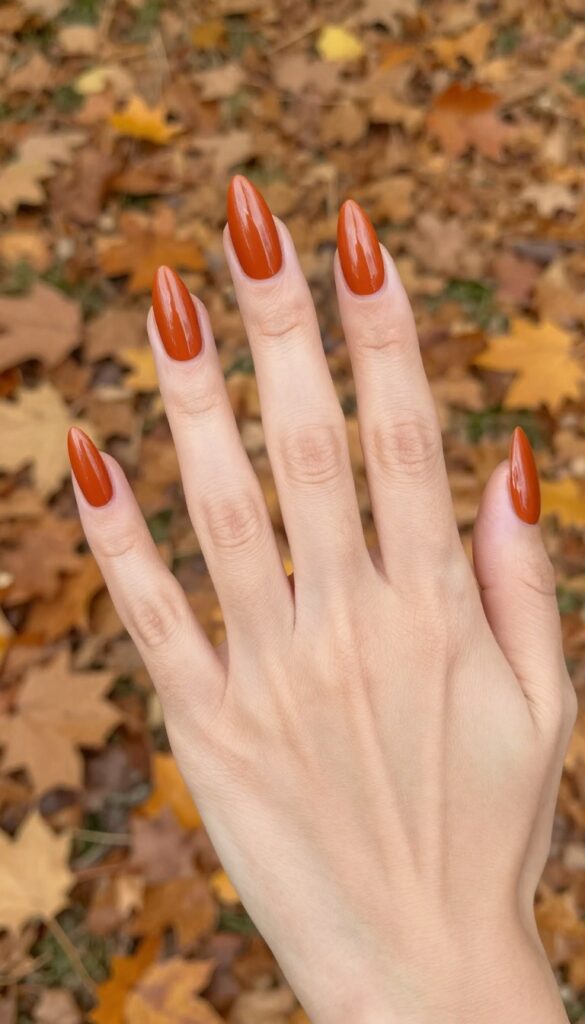 Burnt orange stiletto nails with glossy finish