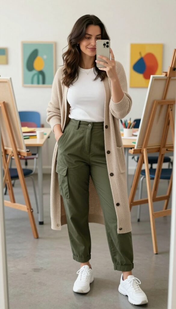 7. High-Waisted Cargo Pants + Fitted Tee + Cardigan