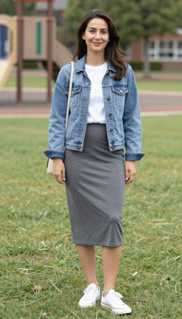 12. Midi Skirt with a T-Shirt and Sneakers