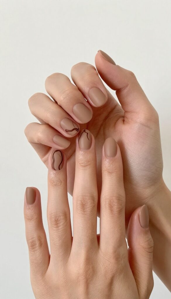 Short nails with matte chocolate swirls on nude base