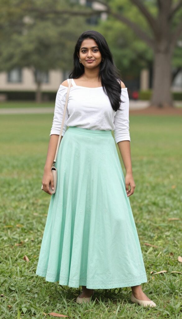 10. Off-Shoulder Top with a Lehenga Skirt