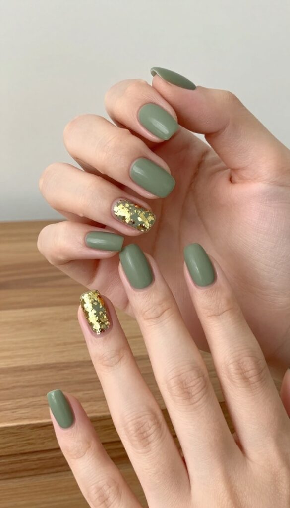 Short almond nails in matte olive green with gold foil accents