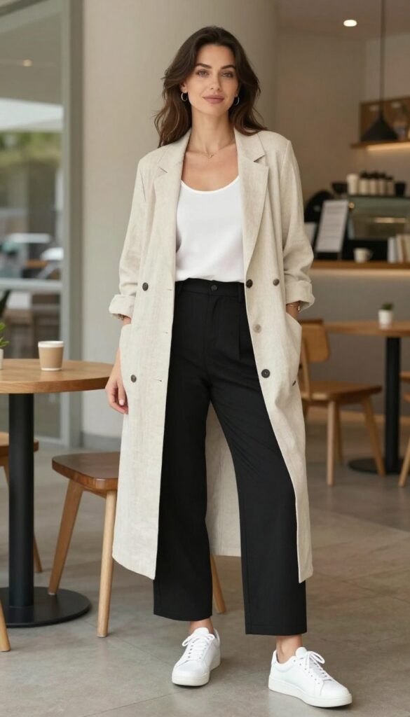 10. Longline Vest over a Flowy Tank and Cropped Pants