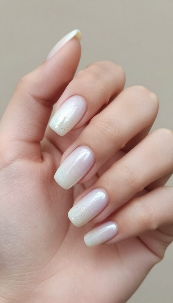 Pearlescent ombré nails with gold flakes for a fall wedding bride